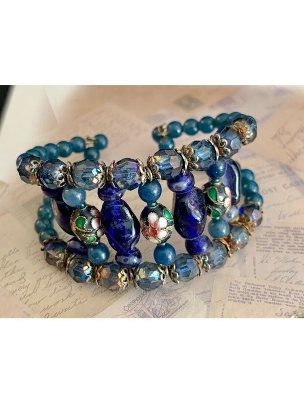 Vintage Blue & Cloisonne Beaded Multi-Strand Cuff Bracelet